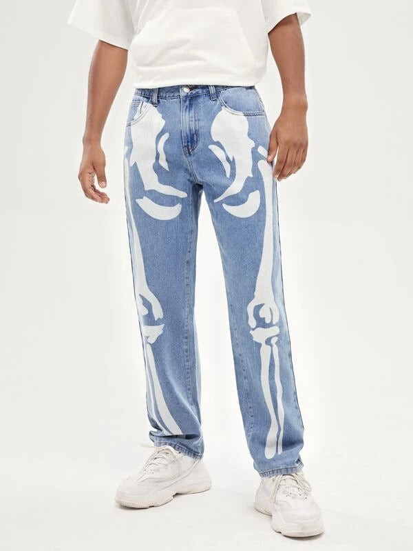 Men Skeleton Print Jeans
