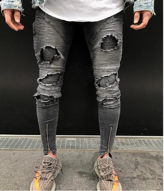 Cool Style Men Ripped Jeans Knee Holes High Street  Washed Destroyed Jeans