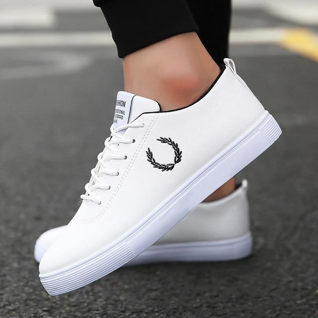 Men Casual Leather Flat Shoes Lace-up Low Top Sneakers