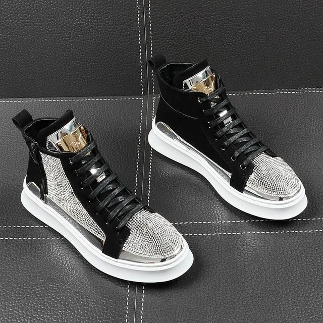 Men High Top Sneakers Luxury Design Gold Glitter Lace Up Crystal Platform