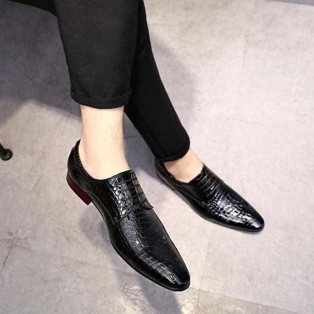 Men Dress Shoes Luxury Fashion Design Crocodile Pattern Lace Up Genuine Leather Oxfords Shoes