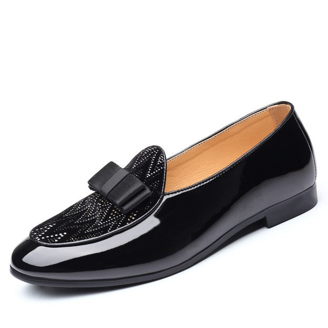 Men Patent Leather Bow Tie Rhinestone Loafers Dress Shoes