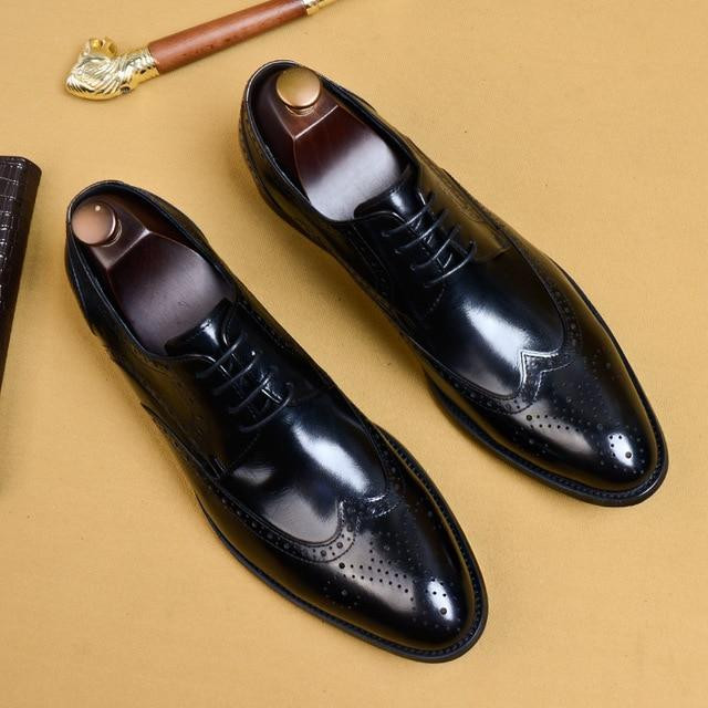 Men Dress Shoes Genuine Leather Italian Classic Vintage Lace-up Brogue Oxford Shoes