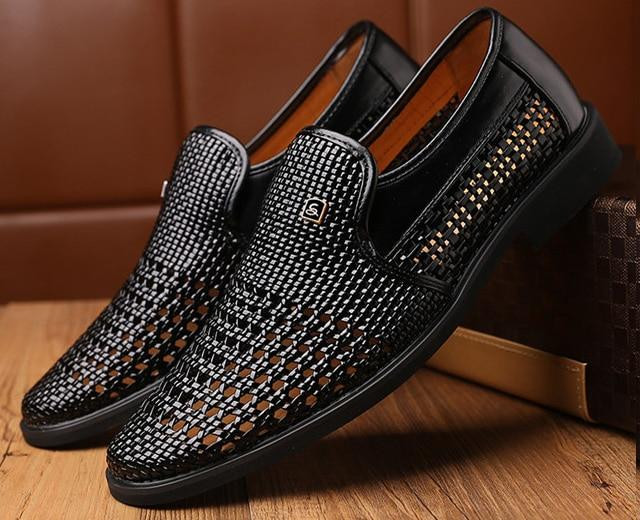 Men Dress Shoes Woven Skin Leather Hollow Breathable Oxford Shoes