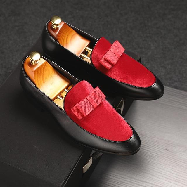 Men Dress Shoes Luxury Bowknot Patent Leather Suede Loafers Shoes