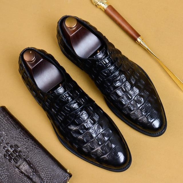 Luxury Men Dress Shoes Crocodile Pattern Genuine Leather Pointed Toe Lace Up Formal Shoes