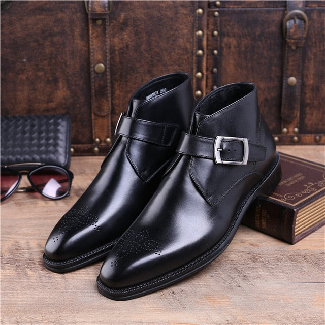 Luxury Fashion Men Genuine Leather Buckle Straps Ankle Dress Shoes