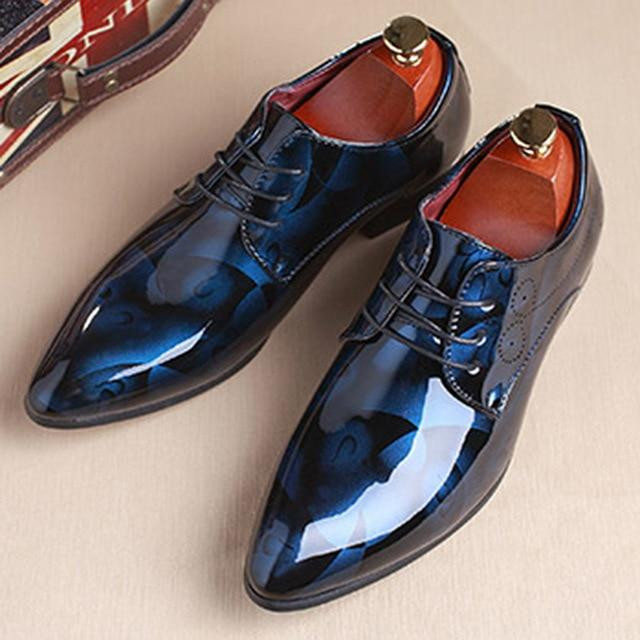 Men Dress Shoes Bright Leather Fashion Brand Pointed Toe Lace Up Formal Shoes
