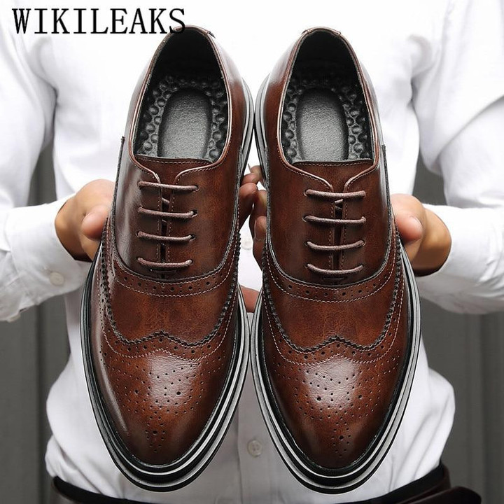 Men dress shoes genuine leathertop brand fashion design brogue oxford shoes
