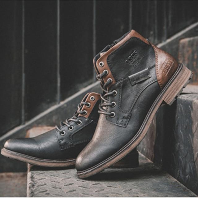 Men Boots Genuine Leather Vintage Style Lace Up Fashion Ankle Boots
