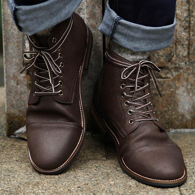 Men Leather Boots High Quality Vintage British Style Lace Up Ankle Boots