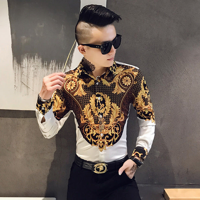 Luxury Gold Print Men Royal Retro Long Sleeve Shirt
