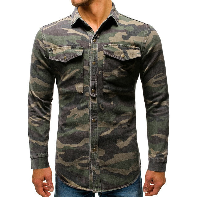 Men Fashion Camouflage Streetwear Denim Shirt