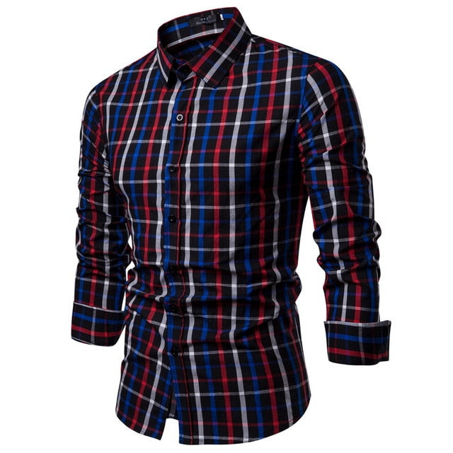 Men Fashion Long Sleeve Cotton Plaid Shirt