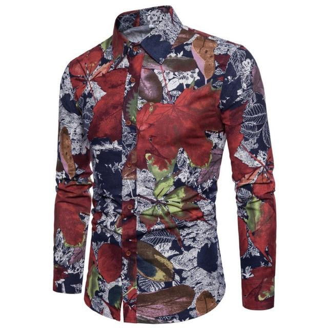 Luxury Fashion Men Slim Fit Flower Print Linen Long-sleeved Shirt