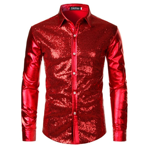 Men Fashion Metallic Sequins Glitter Shirt