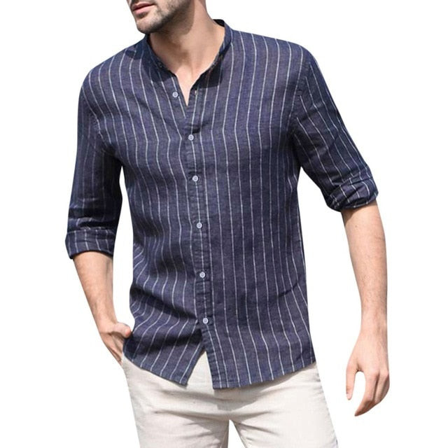 Men Baggy Cotton Linen Striped Long Sleeve Retro Shirt