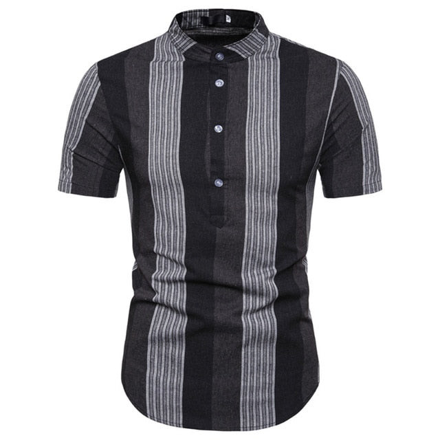 Men Fashion Stripe Stand Collar Shrt Sleeve Shirt