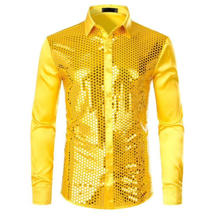 Men Shiny Gold Sequin Long Sleeve Party Shirt