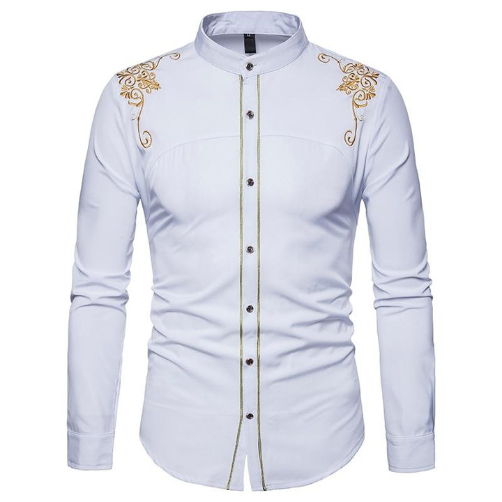 Luxury Design Men's Casual Long Sleeved Embroidery Pattern Cotton Shirt