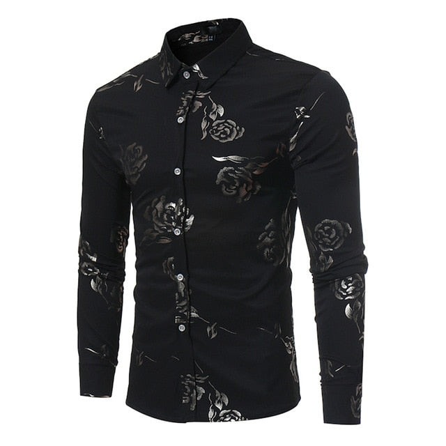Men Slim Fit Luxury Flower Print Long Sleeve Shirt