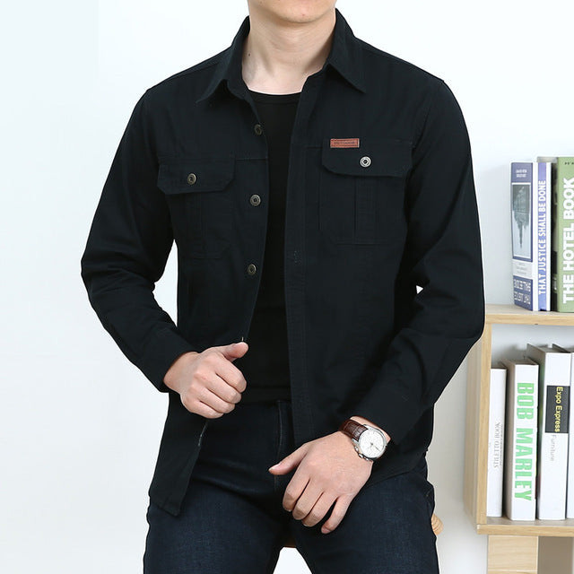 Men Solid Military Style Pocket Long Sleeve Shirt