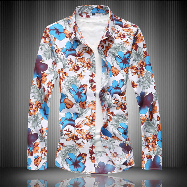 Men Fashion Flower Print Casual Hawaii Shirt
