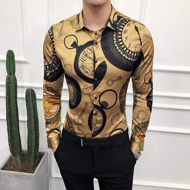 Luxury Fashion Men Long Sleeve Gold Shirt