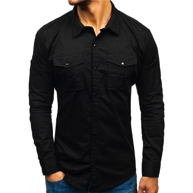 Men Military Style Casual Cotton Long Sleeve Cargo Shirt