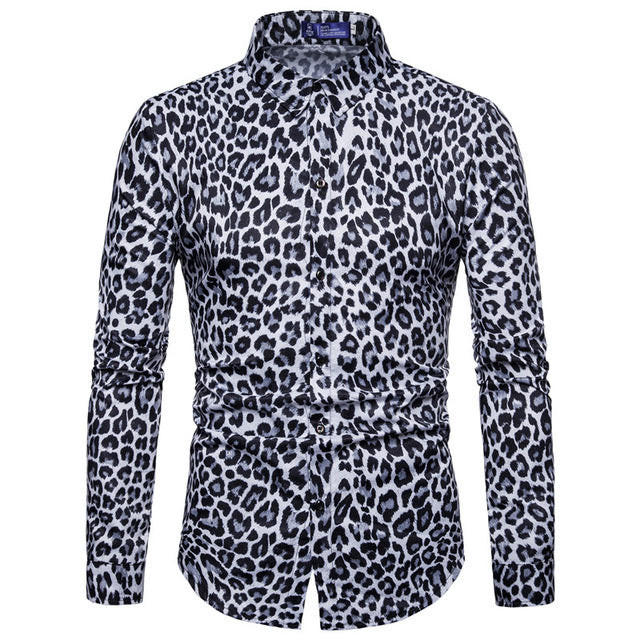 Men Luxury Leopard Print Long Sleeve Shirt