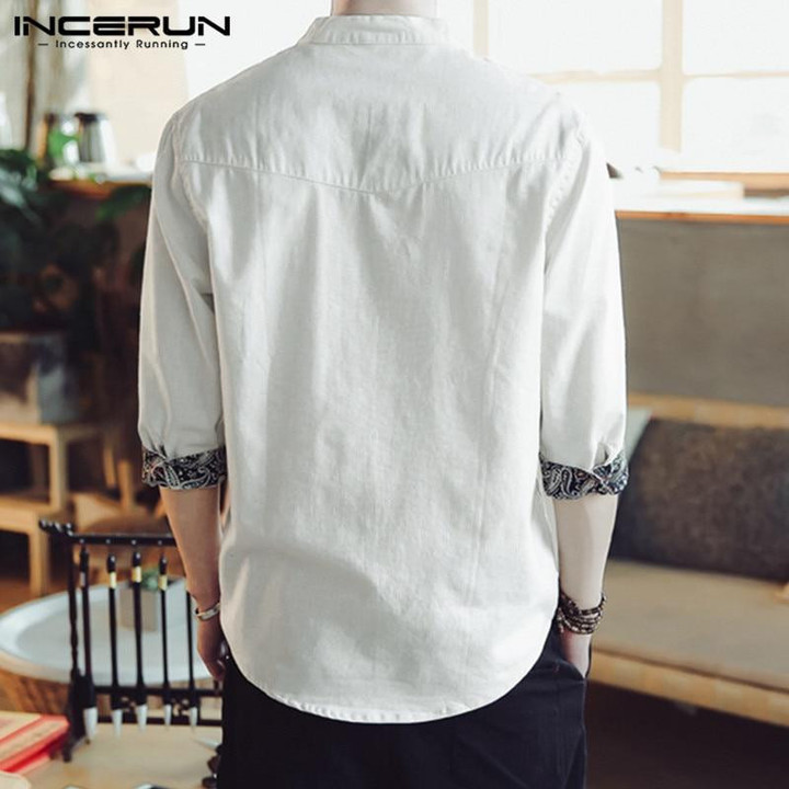 Vintage Style Men Casual Stand Collar Linen Shirt