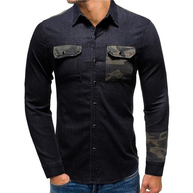 Men Camouflage Pocket Stitching Long Sleeve Denim Shirt