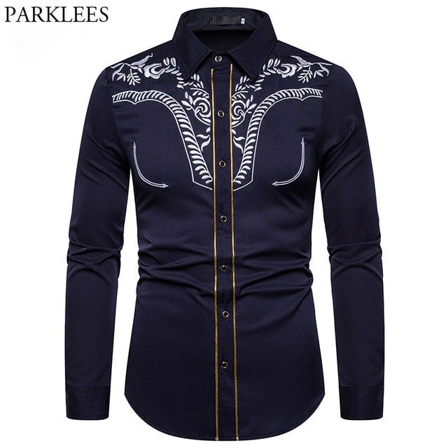 Men Fashion Embroidered Gold Striped Long Sleeve Shirt