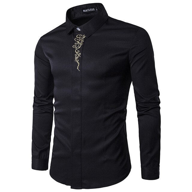 Men Fashion Brand Slim Fit Embroidery Cotton Long Sleeve Shirt