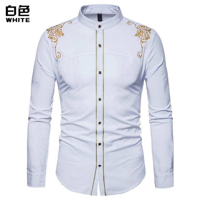 Men Gold Flower Embroidery Button Down Long Sleeve Shirt