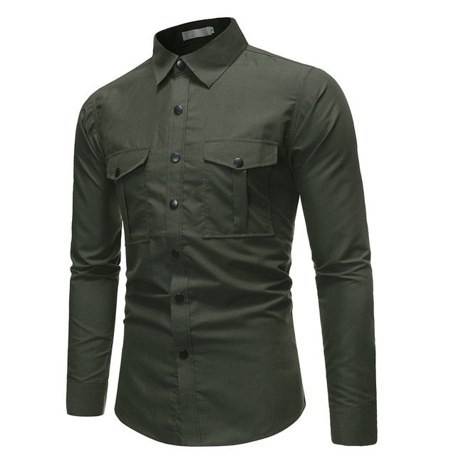 Men Cotton Military Style Long Sleeve Shirt