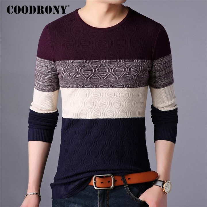 Men Sweater Fashion Streetwear Striped Autumn Winter Cotton Wool Pullover