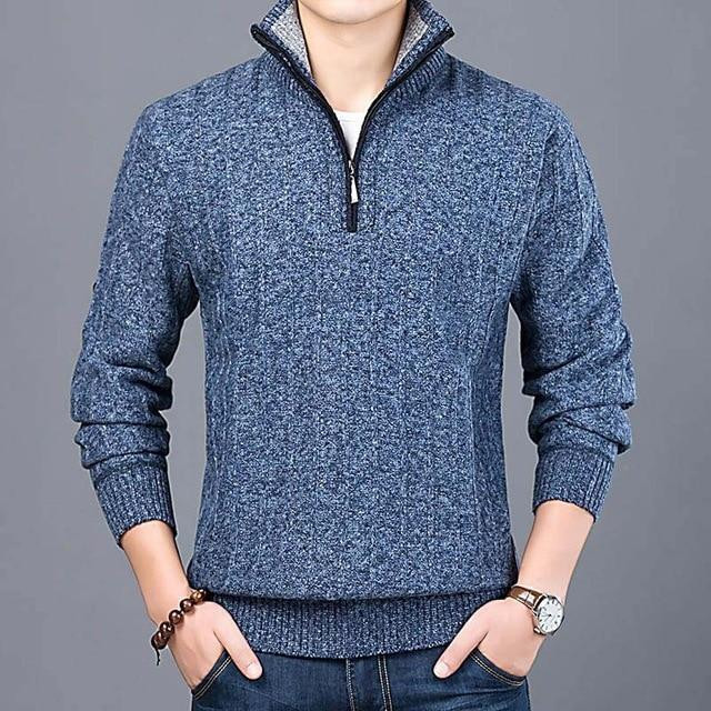 Trendy Fashion Men Sweater Half Zip Slim Fit Thick Warm Pullover