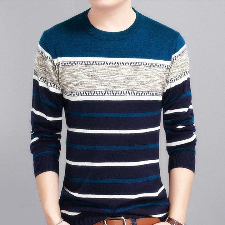 Men Casual Sweater O-Neck Striped Slim Fit Fashion Design