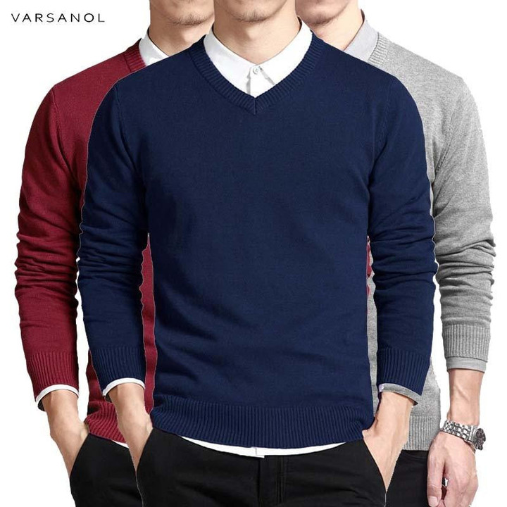 Fashion Men Sweater Long Sleeve V-Neck Tops Loose Solid Fit Knitting