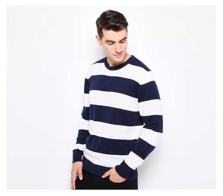 Autumn Winter Men Sweater Fashion Brand Cotton Knitted Thick Stripes Slim Fit Pullover