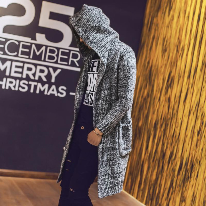 Men Hooded Sweaters New Fashion Style Long Solid Cardigan