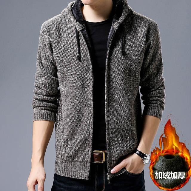 Men Sweater Thick Warm Hooded Solid Casual Cardigans Velvet Inside