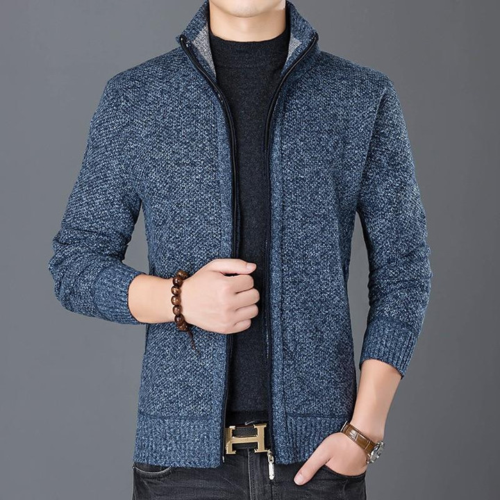 Men Jacket Fashion Style Wind Breaker Stand Collar Thicken Fleece Knit Overcoat Cardigan