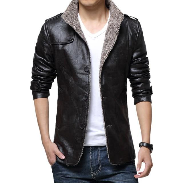 Men Winter Jacket Warm Faux Leather Long Sleeve Stand Collar Thick Slim Fit Jacket