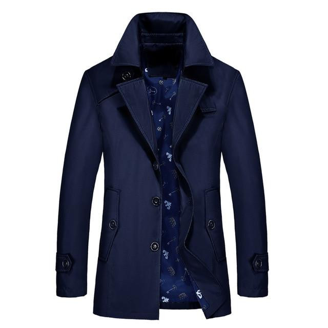 Men Trench Coat Fashion Brand Slim Fit Solid Color Lapel Long Overcoat