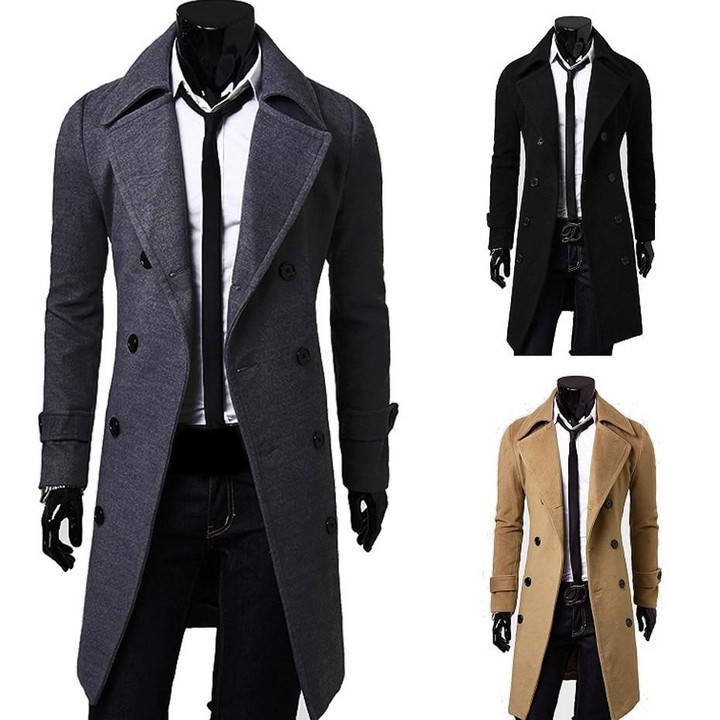 Men Trench Coat Double-Breasted Long Sleeve Winter Slim Solid Woolen Coat