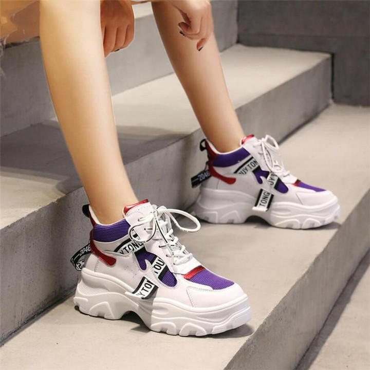 New Fashion Leather Women's Platform Chunky Sneakers