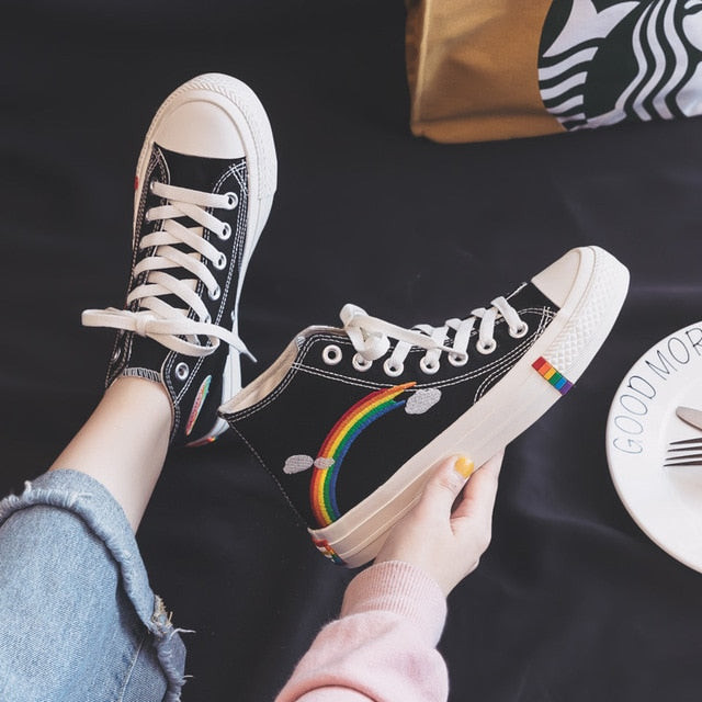 Women Fashion Vulcanized Shoes Coloful Rainbow Retro Sneakers