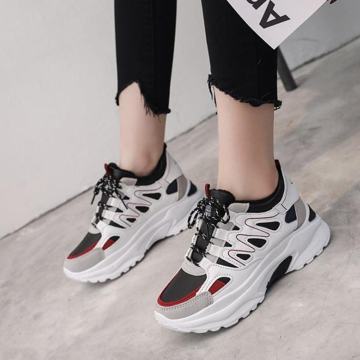 Women's Platform Sneakers Leather Mesh Chunky Fashion Shoes